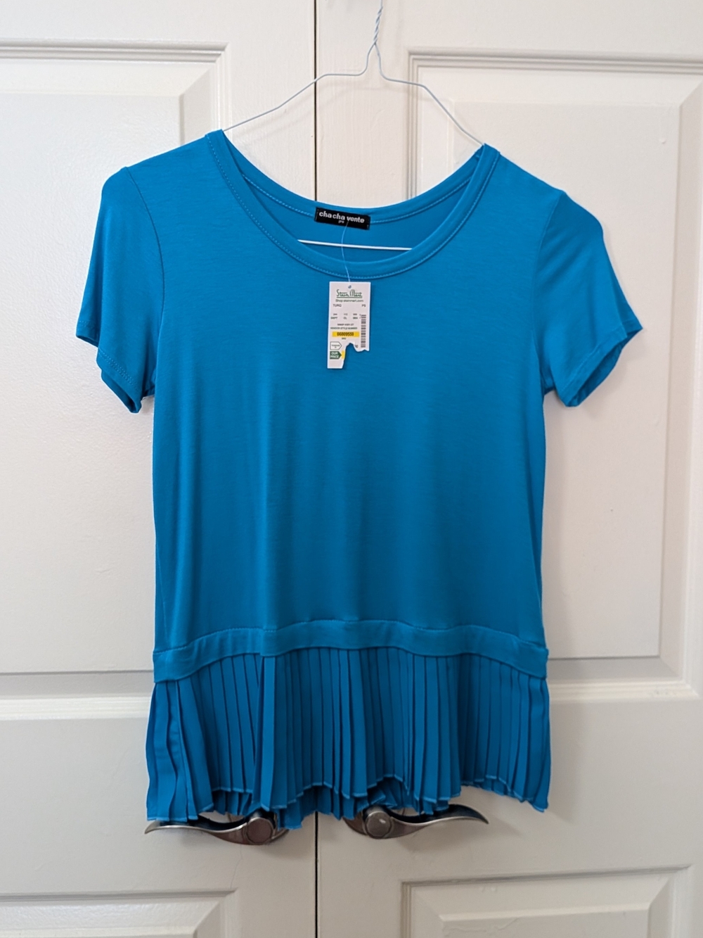 Blue Short Sleeve Pleated Hem Top